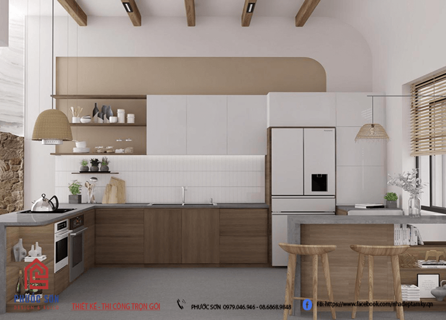 Mẫu thiết kế phòng bếp đẹp đơn giản sử dụng gỗ tự mộc mạc