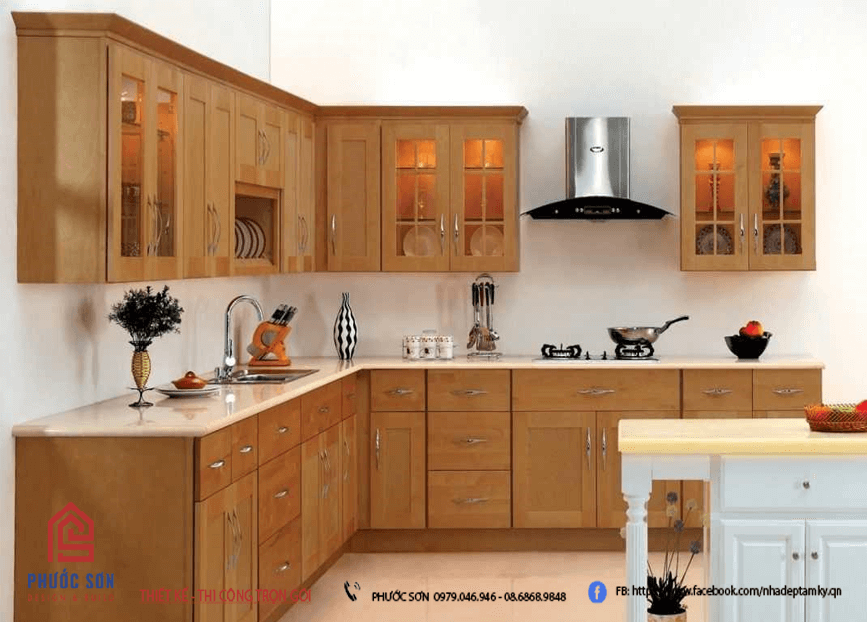 Phòng bếp hiện đại với tủ bếp bằng gỗ ấm ấp