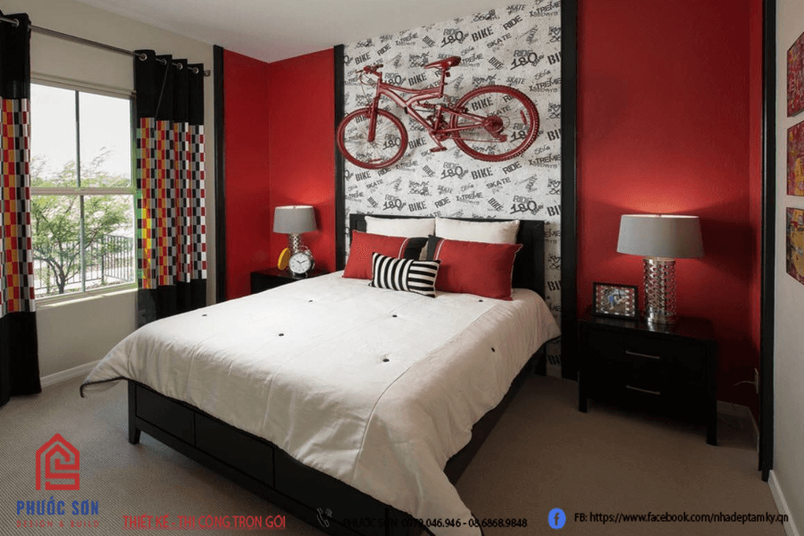 Thiết kế phòng ngủ trắng kết hợp đỏ cho mệnh hoả và thổ